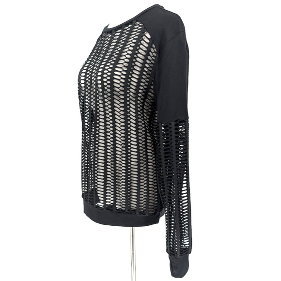 Blanc Noir Linear Mesh Cut Out Open Weave Black Athleisure Lounge Shirt Small - Picture 10 of 13